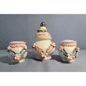 Mini Sugar Shaker Toothpick Holder Vintage Rose Garden Trinket Porcelain Set